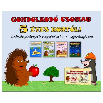   Gondolkodó csomag 5 éves kortól - Rejtvénykártyák nagyítóval + 4 rejtvényfüzet - Simon József