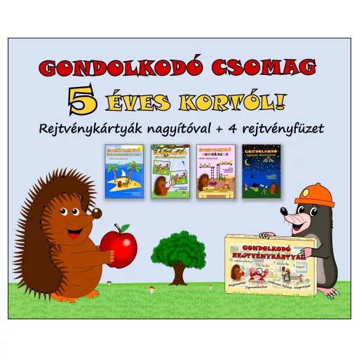 Gondolkodó csomag 5 éves kortól - Rejtvénykártyák nagyítóval + 4 rejtvényfüzet - Simon József