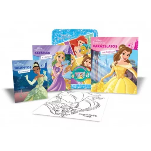 Disney hercegnők fémdoboz (benne: 2 foglalkoztató, 1 színező, 4 filctoll, matricák és egy poszt